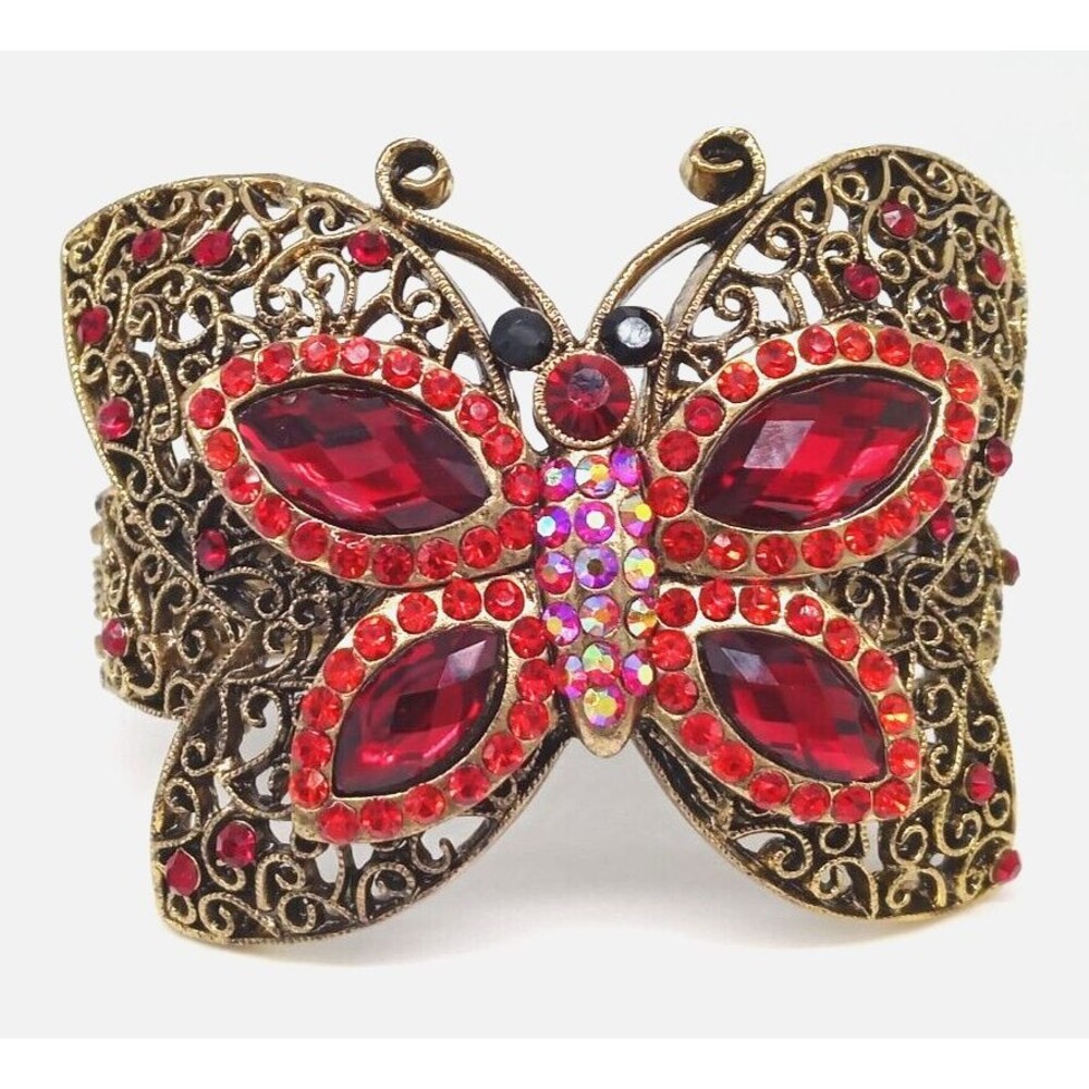Butterfly Statement Bracelet Red AB Rhinestones Gold Tone Ornate Hinged Sparkly!